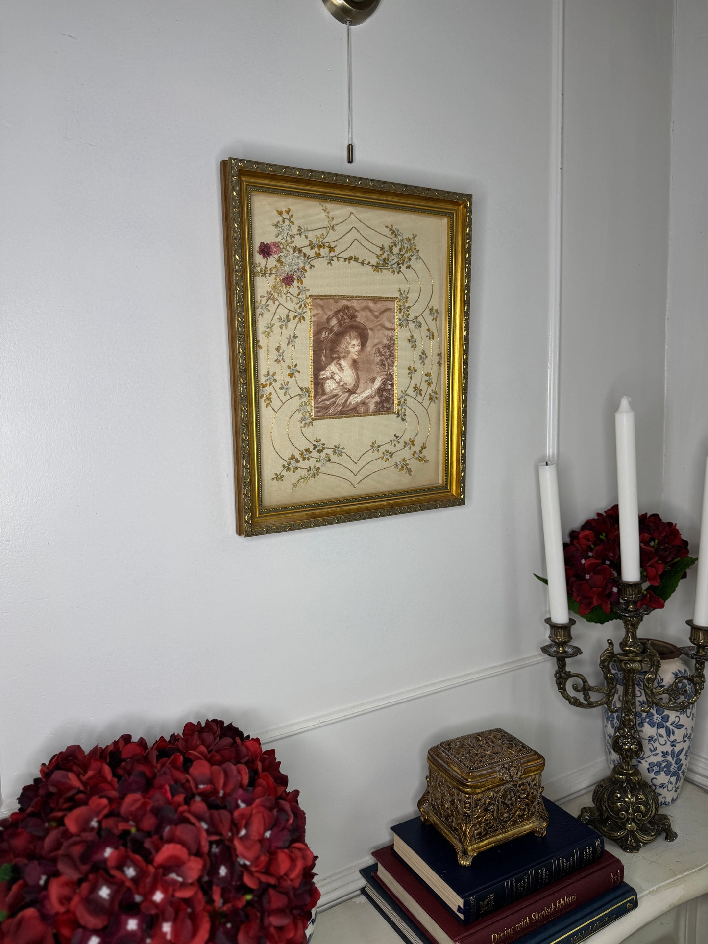 Antique Padded Silk-on-Silk Embroidery on Board in Ornate Gold Gilt Frame