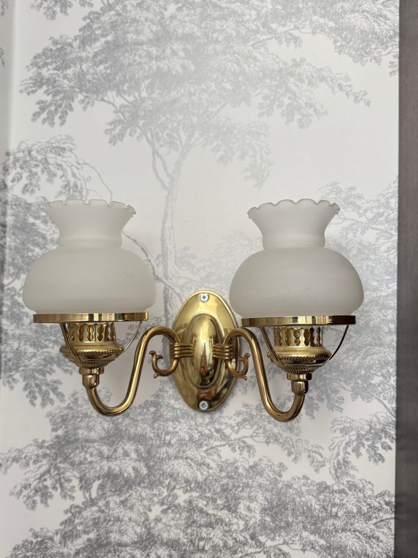 Vintage Satin Brass Chandelier with Matching Wall Lights – 5 Light Brass Ceiling Fixture & Pair of Brass Wall Sconces with Glass Shades
