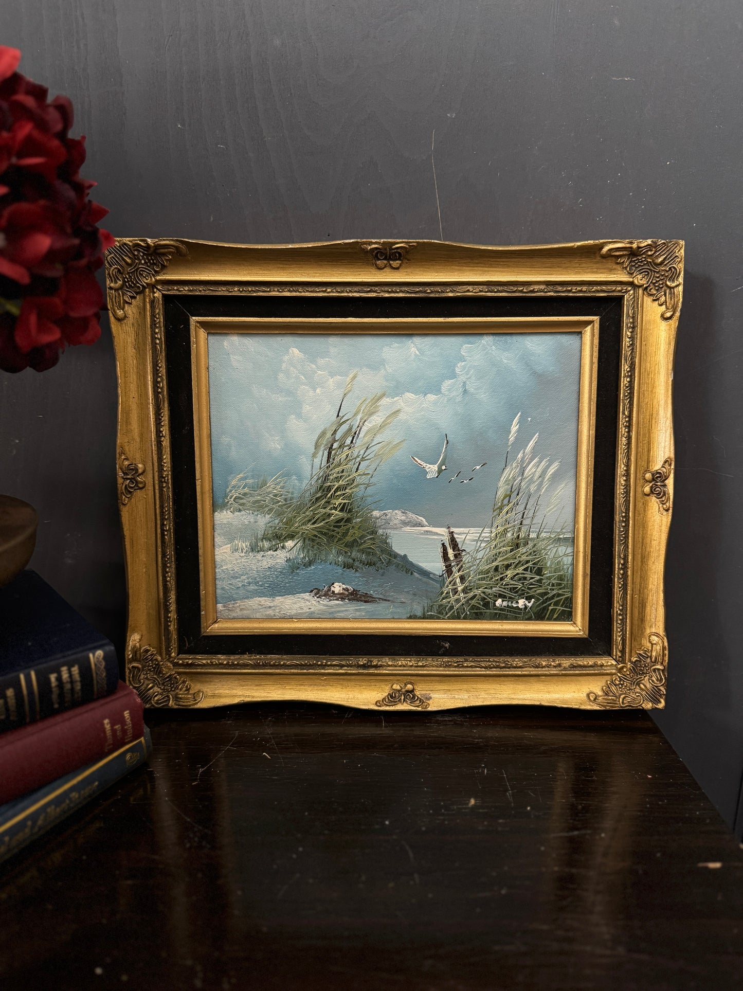 Gilded Reflections-Small Oil Painting Signed in Antique Gilt Frame