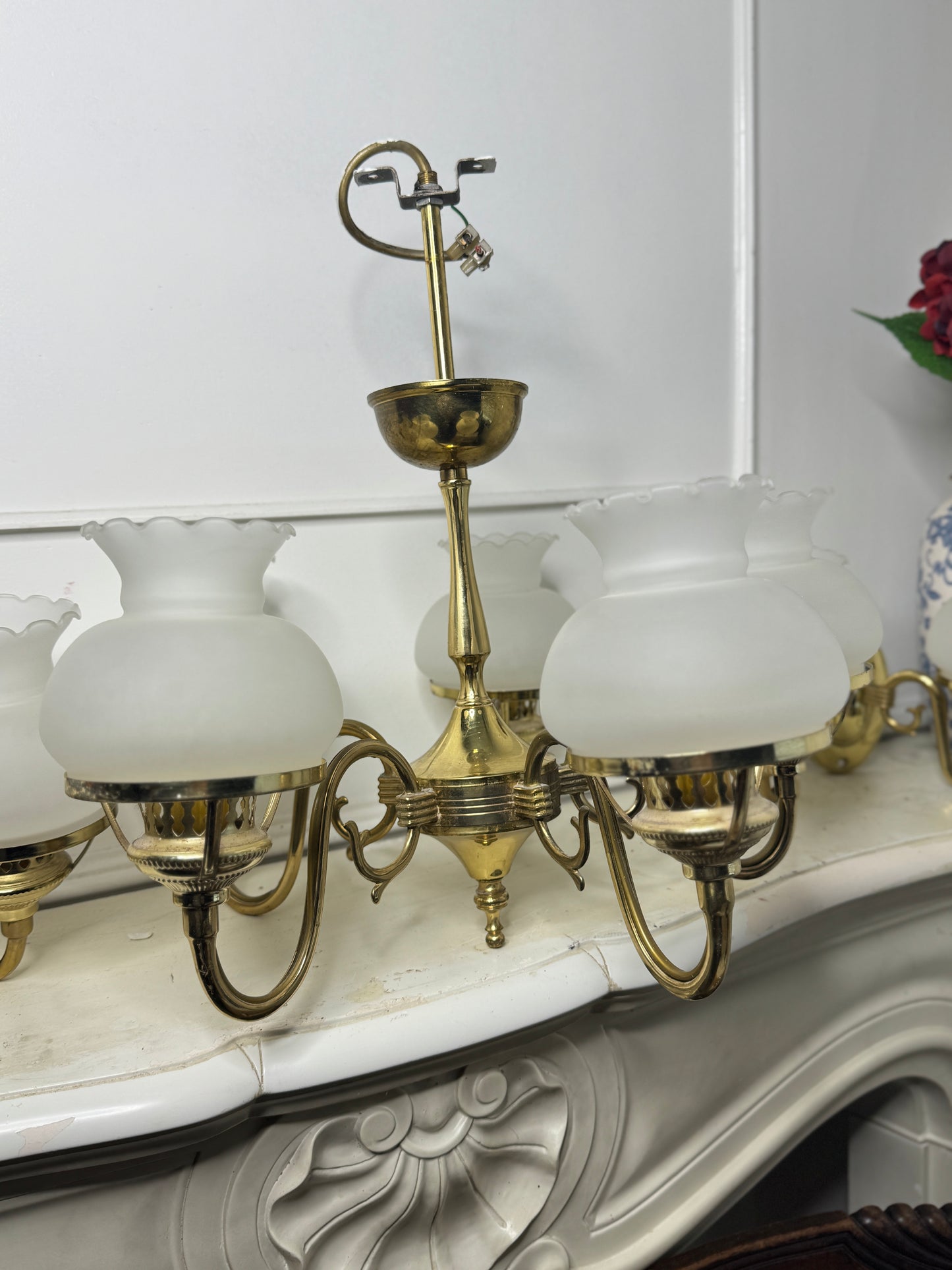 Vintage Satin Brass Chandelier with Matching Wall Lights – 5 Light Brass Ceiling Fixture & Pair of Brass Wall Sconces with Glass Shades