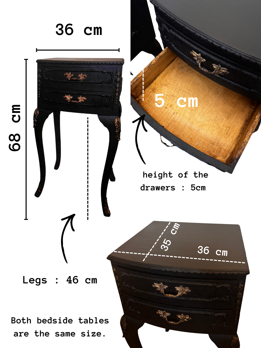 Vintage French Olympus Bedside Tables – Black & Gold | Harrods Olympus | Ornate Upcycled Nightstands