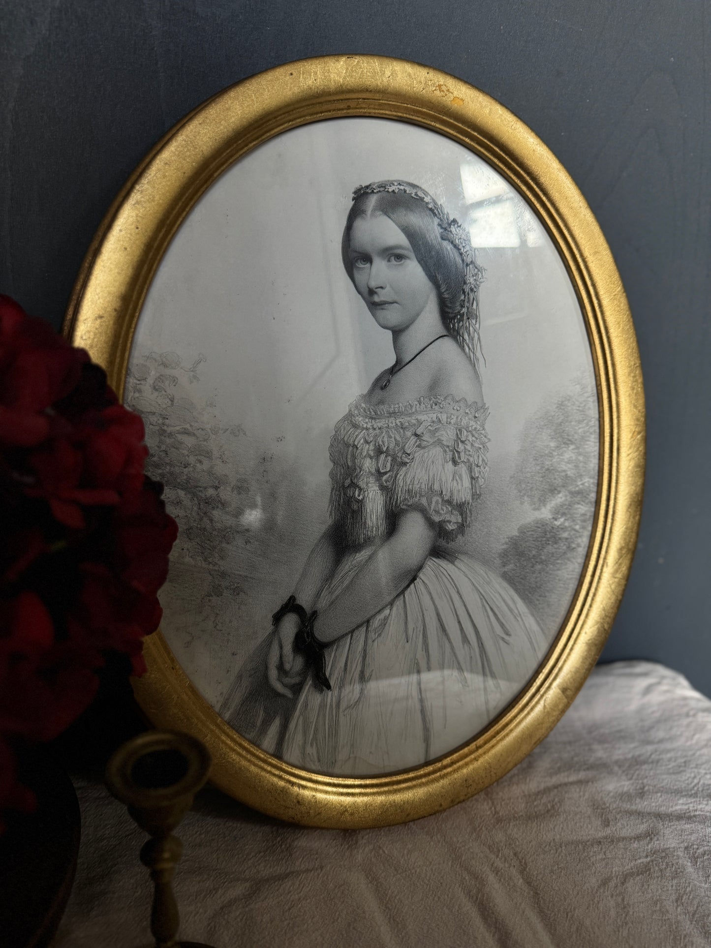 Victorian 1859 Engraving in Gold Oval Gilt Frame with Handwritten Note