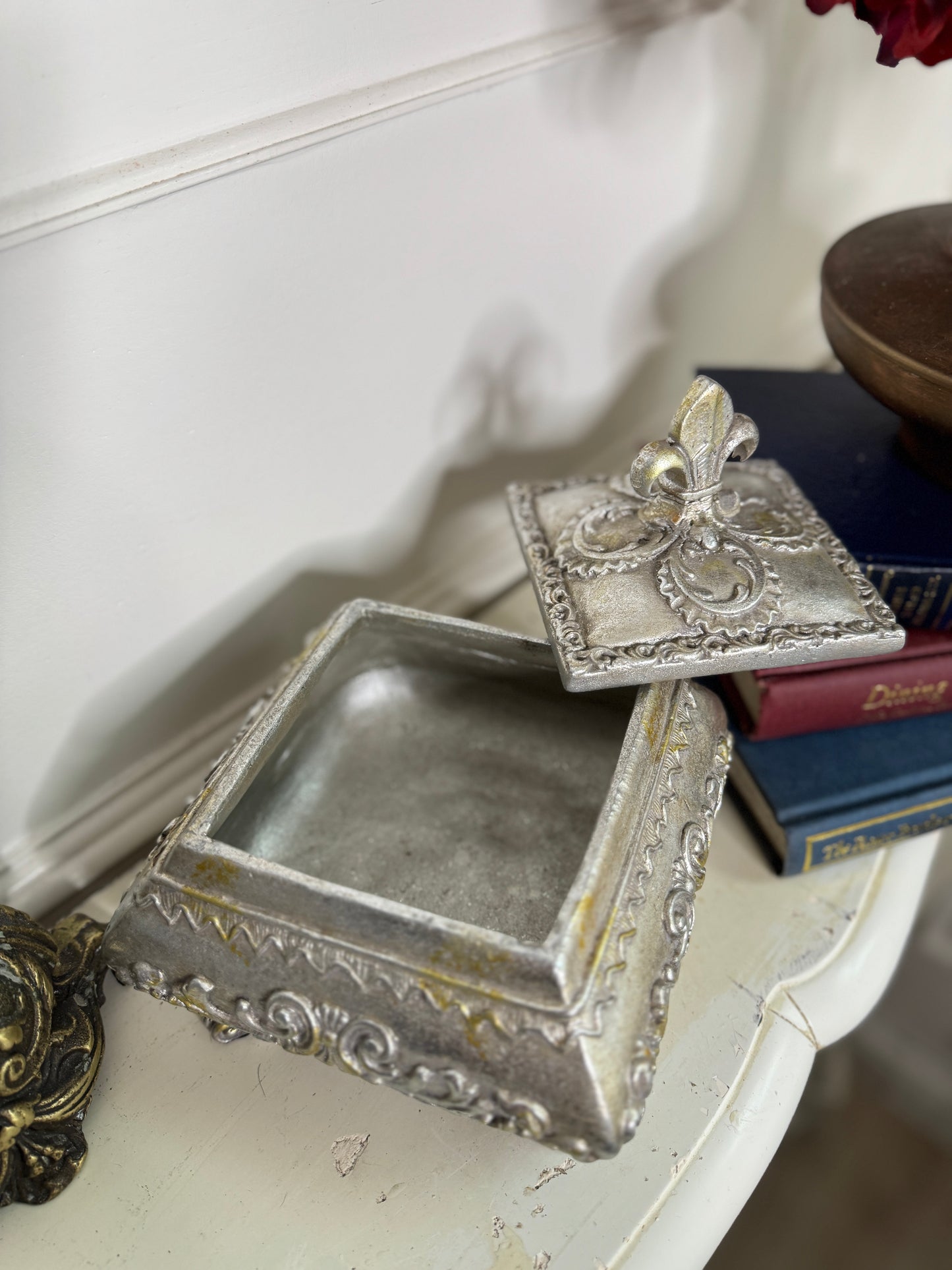 Vintage Silver Plated Wooden Ring and Storage Box for Keepsakes