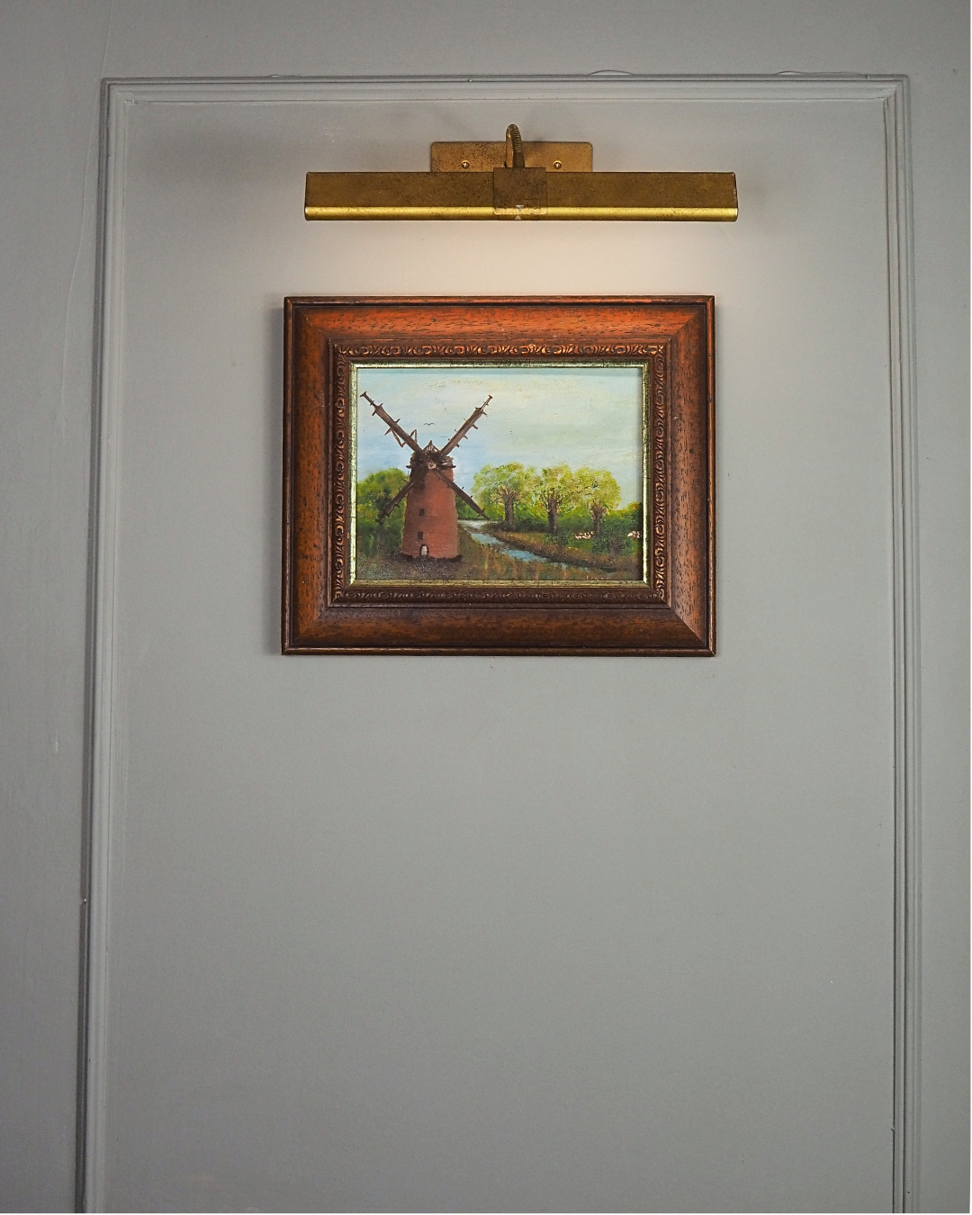 Vintage Oil Painting Windmill Landscape – Rural River Mill Scene