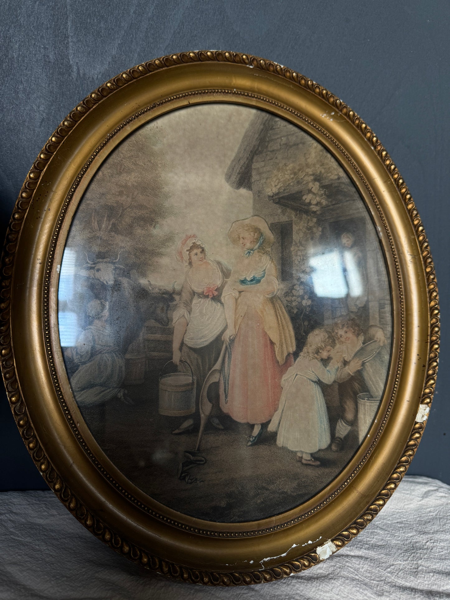 Vintage Hand-Coloured Artwork Stipple Engraving in Oval Giltwood Frame