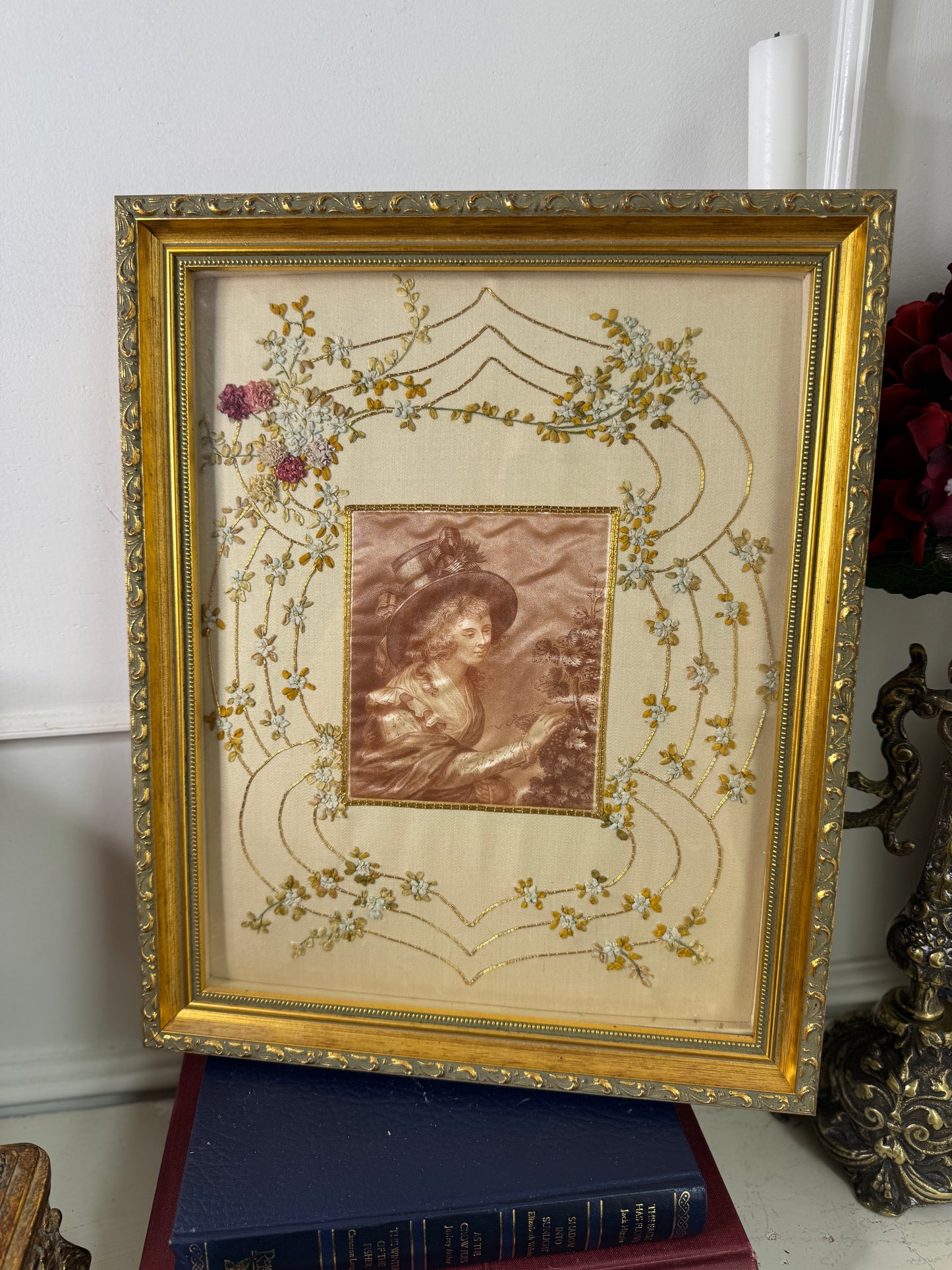 Antique Padded Silk-on-Silk Embroidery on Board in Ornate Gold Gilt Frame