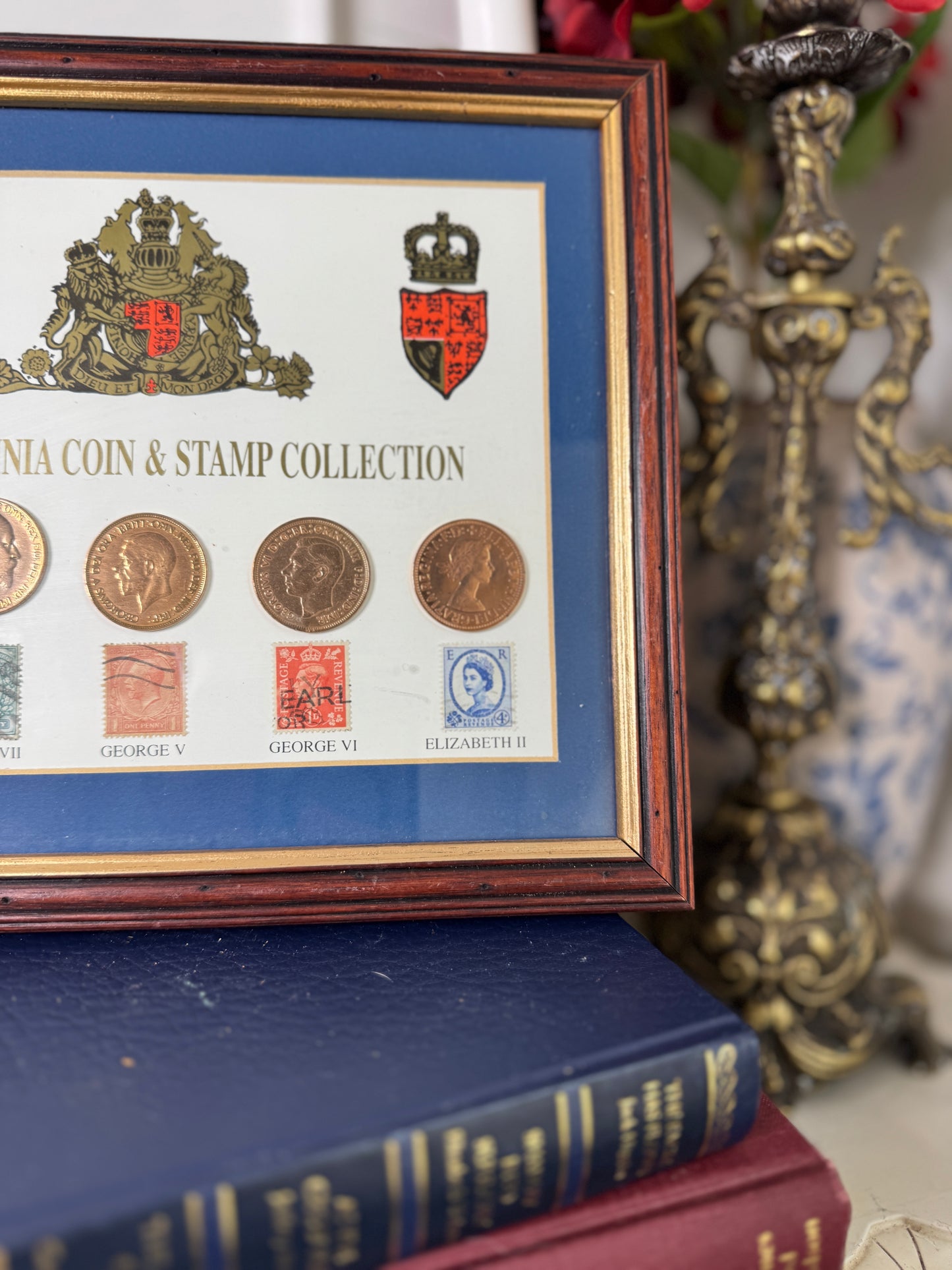 Vintage Coin & Stamp Collection in Glazed Wooden Display Frame