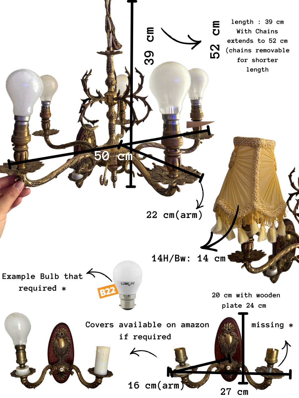 Vintage French Louis Style Solid Brass Chandelier & Wall Lights Set – 5 Arm Ceiling Light