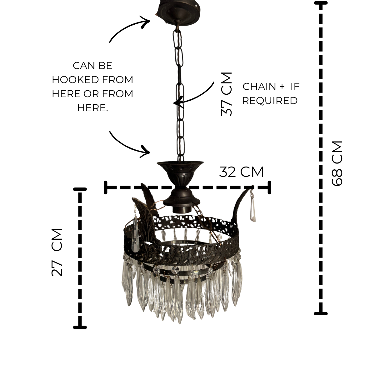 Vintage French Crystal Chandelier 1950s | Antique Cast Iron 2 Tier Lighting | Crystal Drop Fixture
