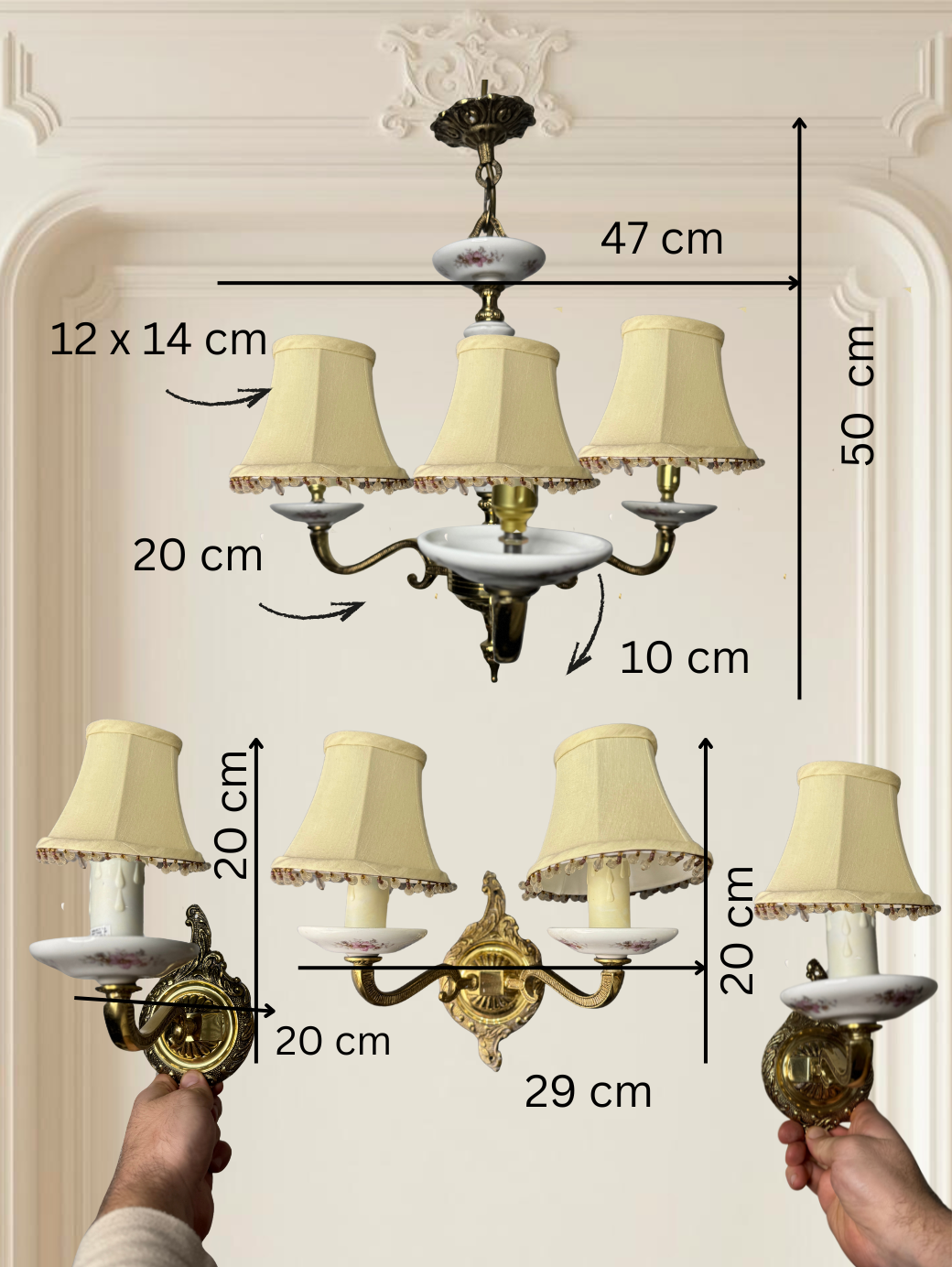 Capodimonte Style Brass and Fine Ceramic Vintage Chandelier + Wall Light Set | Porcelain White & Pink Flowers | Imported from Spain