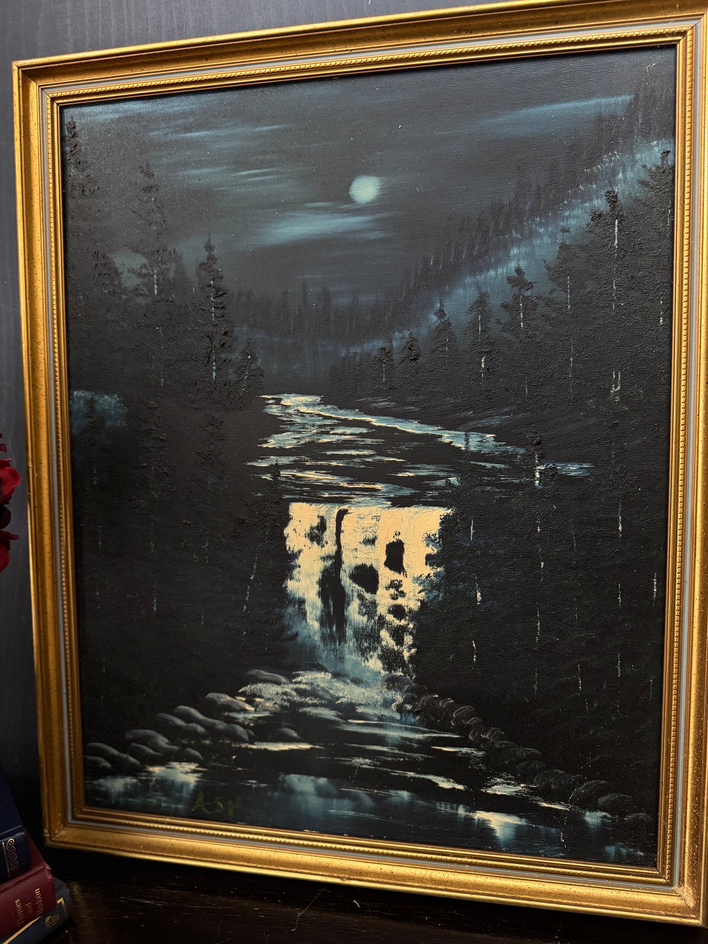 Golden Horizon – Signed Vintage Oil Painting in Blue-Trimmed Gilt Frame