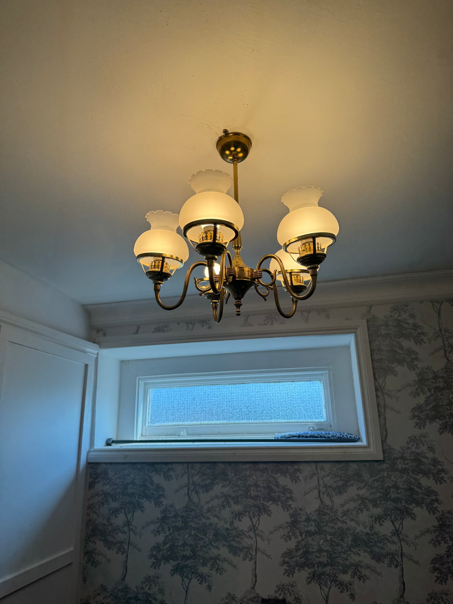 Vintage Satin Brass Chandelier with Matching Wall Lights – 5 Light Brass Ceiling Fixture & Pair of Brass Wall Sconces with Glass Shades