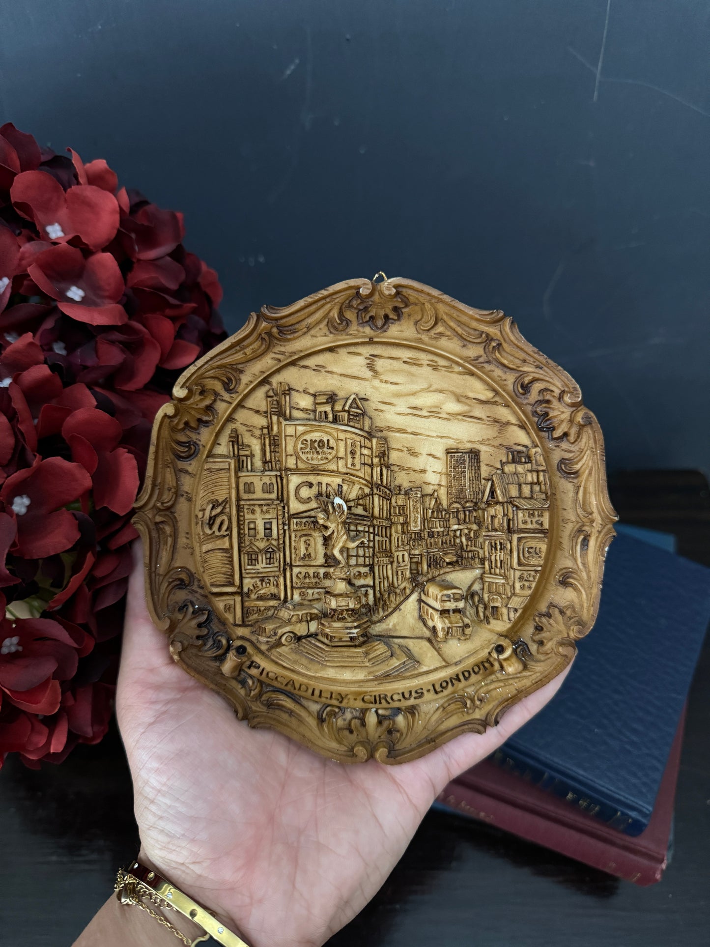 Vintage Small Round Hanging 3D Wood Carved Wall Art