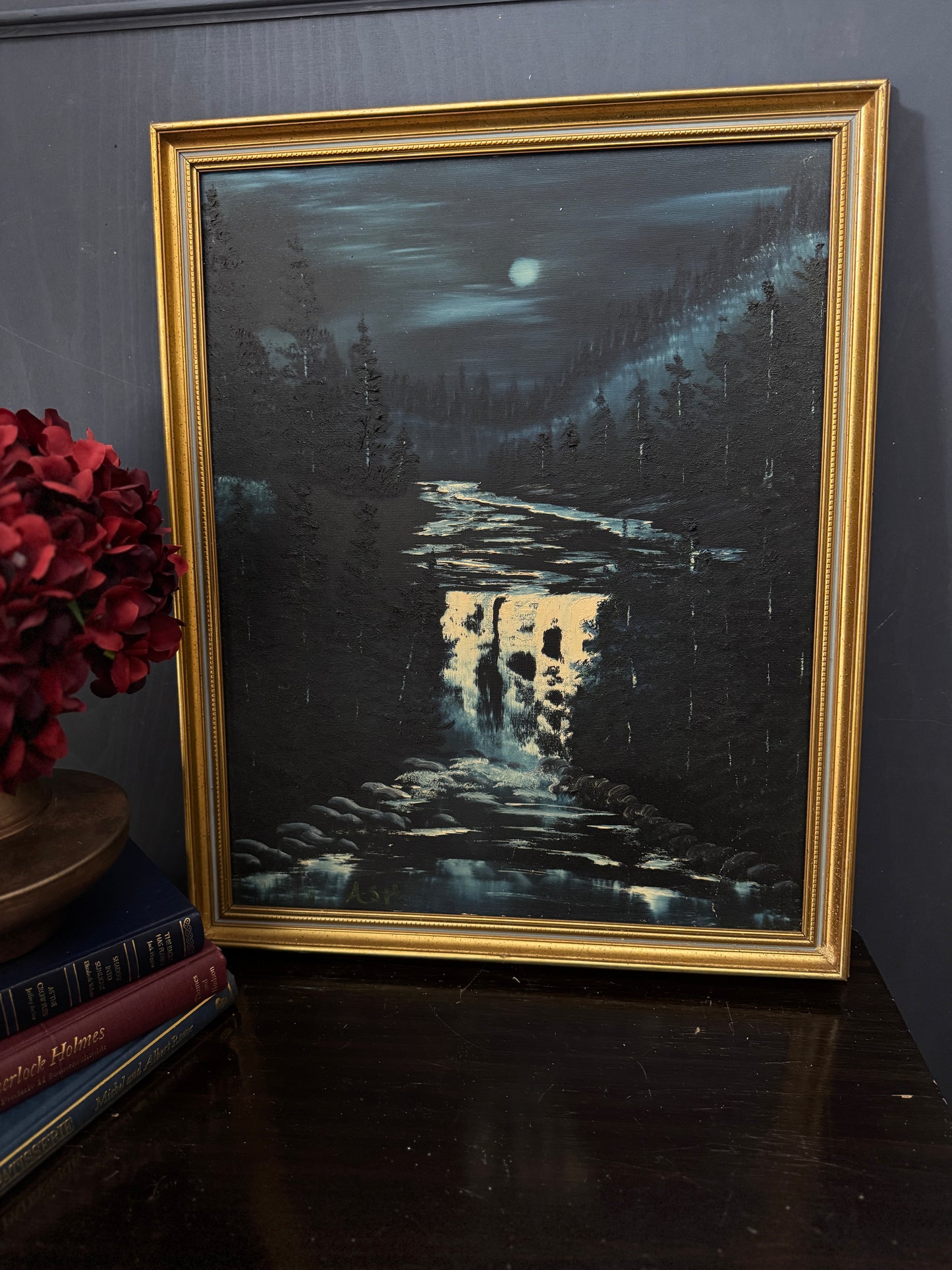 Golden Horizon – Signed Vintage Oil Painting in Blue-Trimmed Gilt Frame