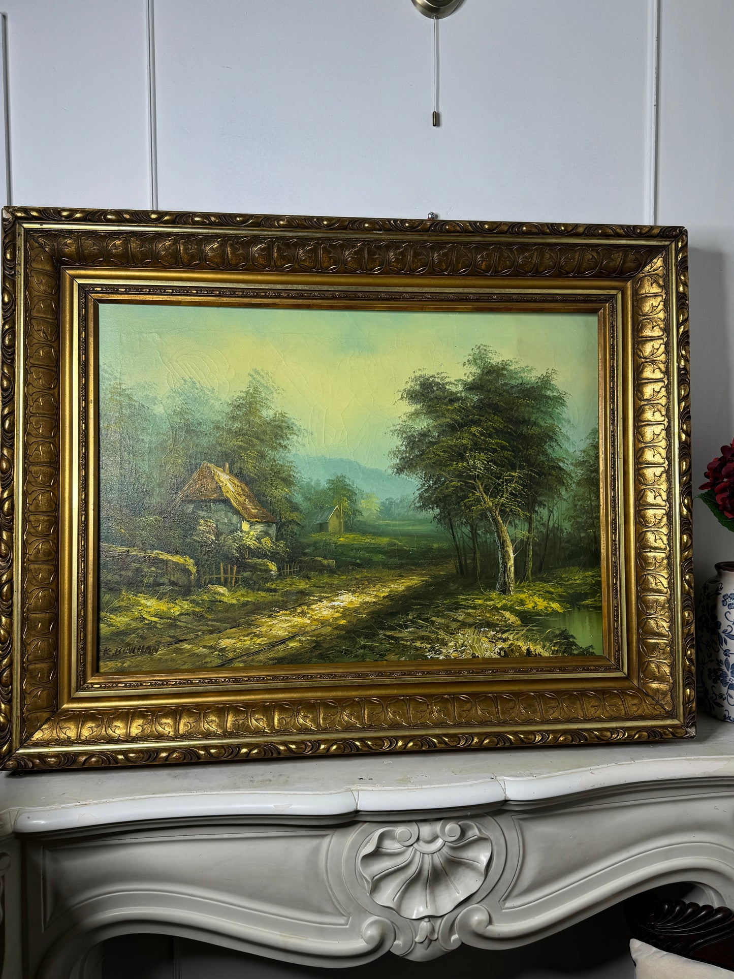 Antique Ornate Gold Frame with 1970s K. Bowman Original Oil Painting