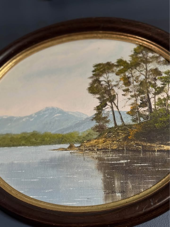 Vintage Original Signed Oil Painting by Tom Holland in Oval Wooden Frame