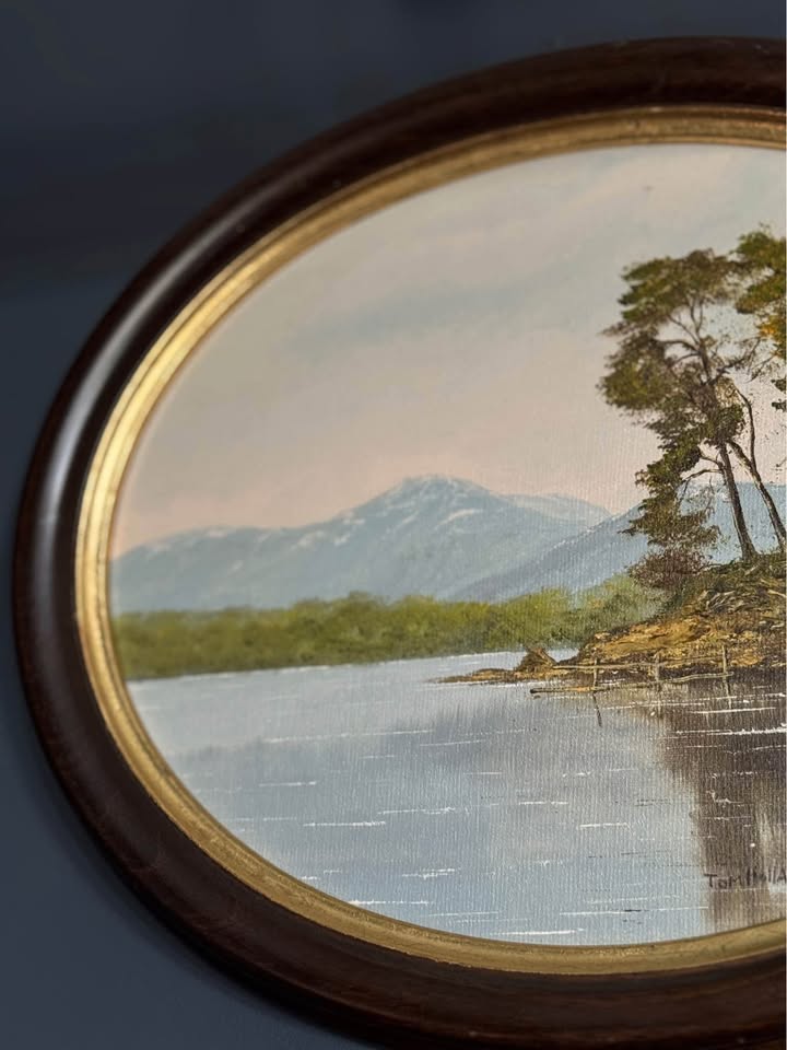 Vintage Original Signed Oil Painting by Tom Holland in Oval Wooden Frame