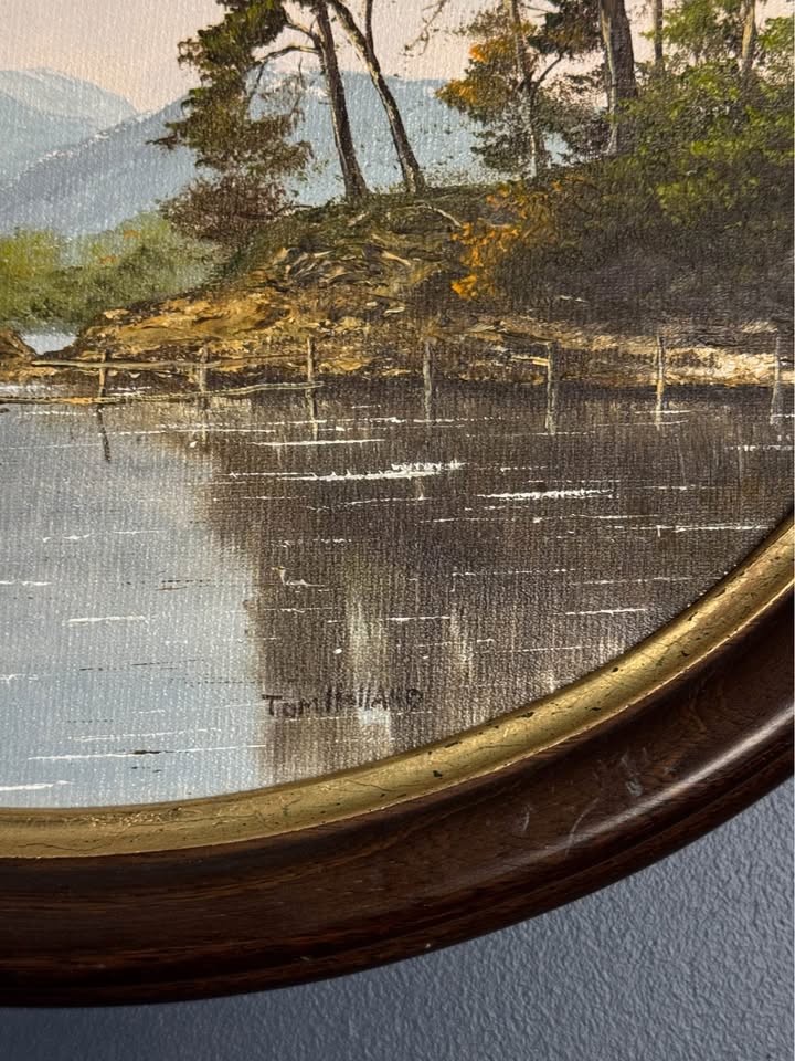 Vintage Original Signed Oil Painting by Tom Holland in Oval Wooden Frame