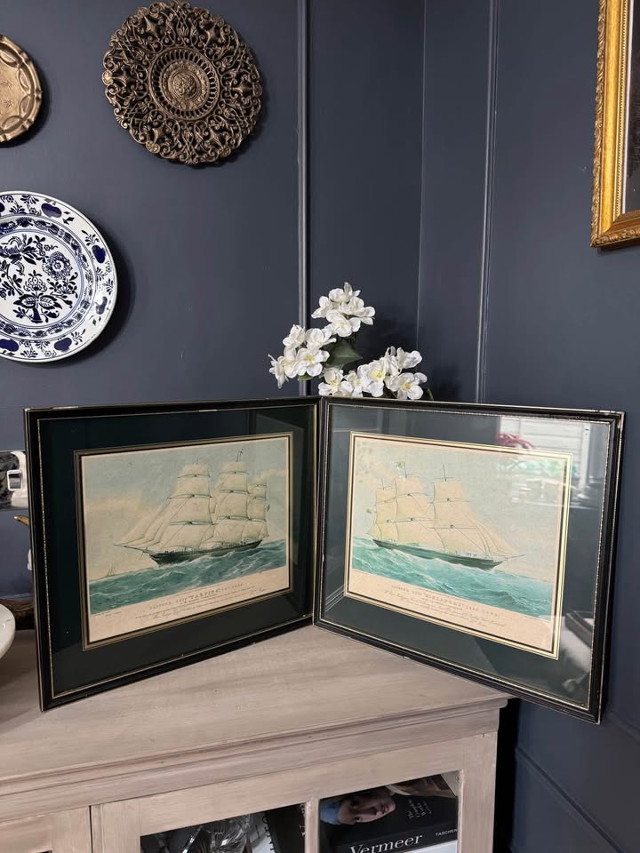 Timeless Voyage –Vintage Ship Print Pair with Black Frames