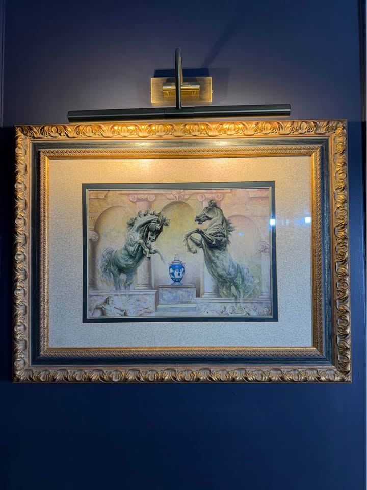 Vintage Large Gold Gilt Frame with Green Marble Effect & Classic Horse Print