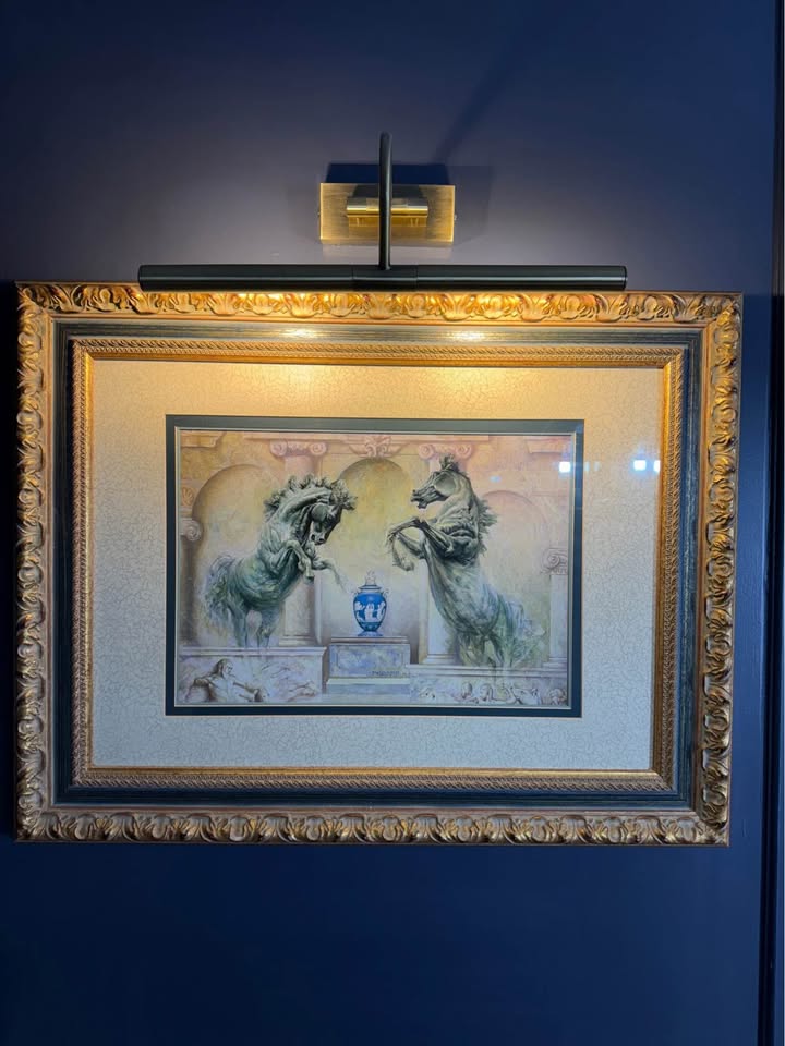 Vintage Large Gold Gilt Frame with Green Marble Effect & Classic Horse Print