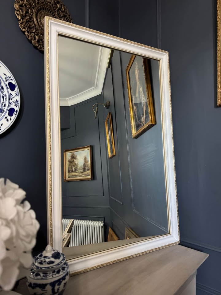Vintage Medium Sized White Wooden Mirror with Gold Trim