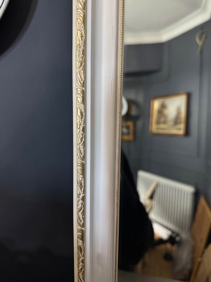 Vintage Medium Sized White Wooden Mirror with Gold Trim