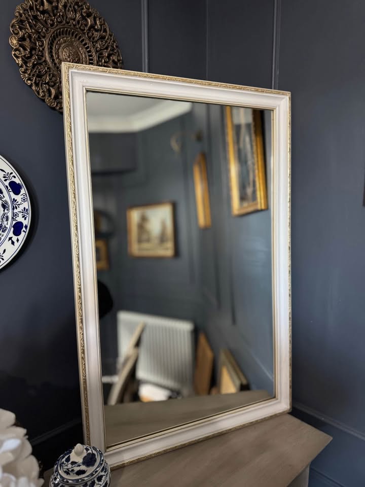 Vintage Medium Sized White Wooden Mirror with Gold Trim