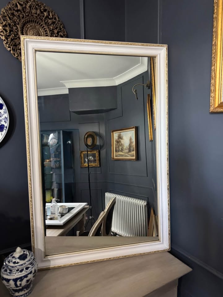 Vintage Medium Sized White Wooden Mirror with Gold Trim