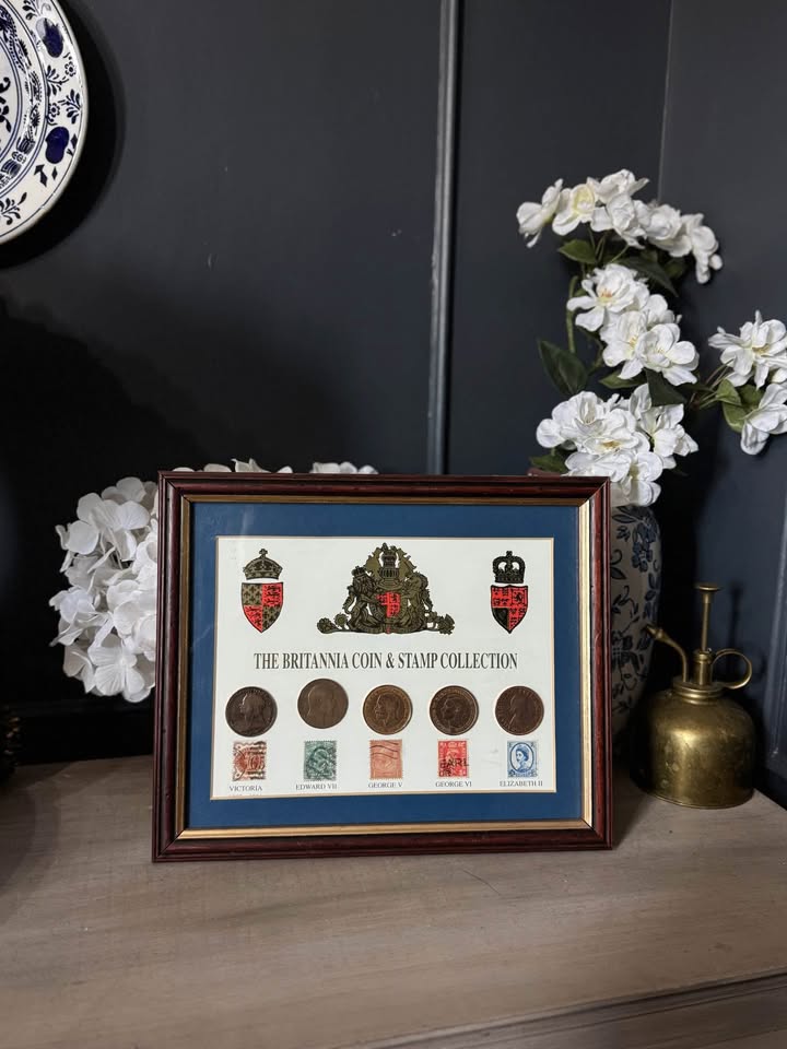 Vintage Coin & Stamp Collection in Glazed Wooden Display Frame