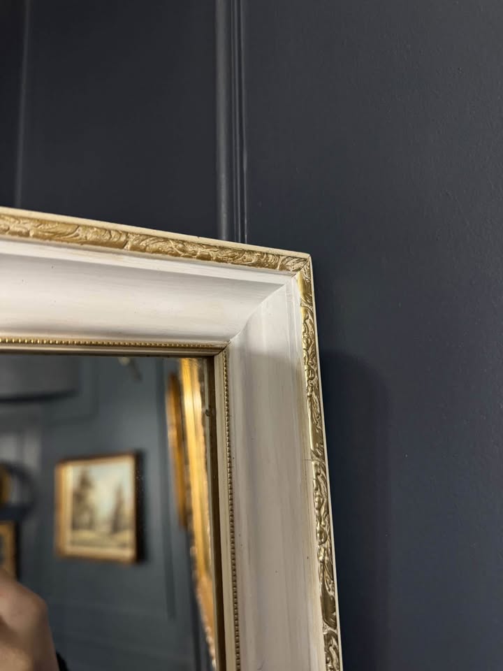 Vintage Medium Sized White Wooden Mirror with Gold Trim