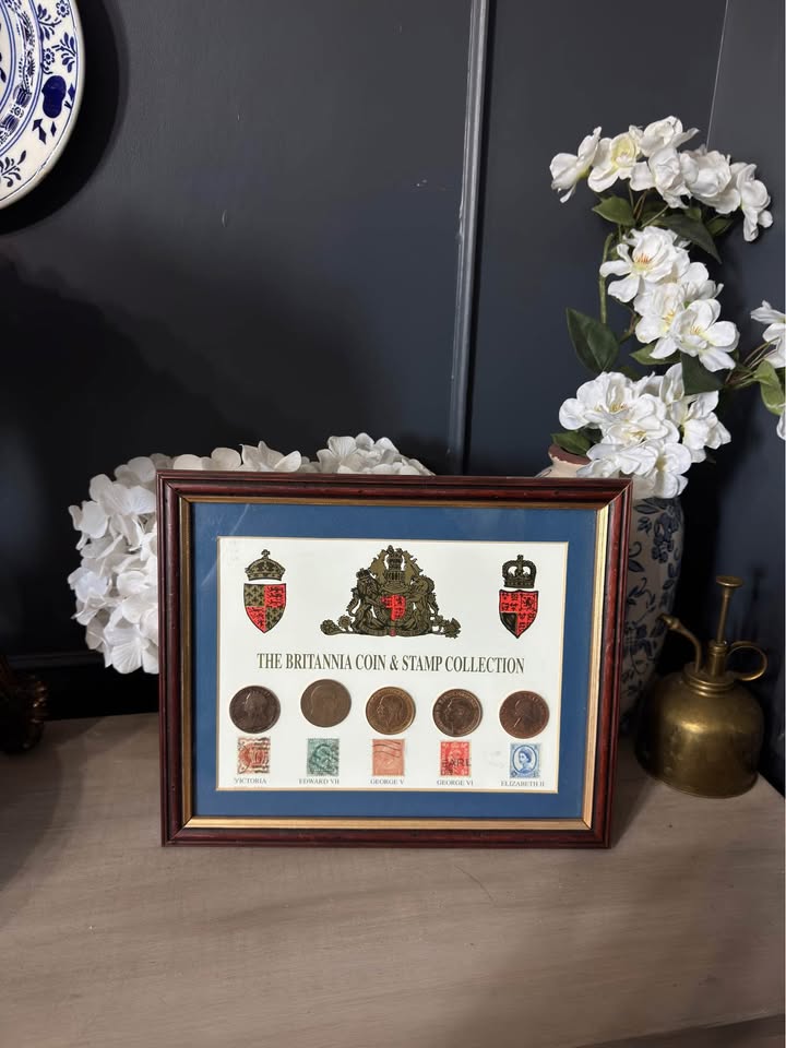 Vintage Coin & Stamp Collection in Glazed Wooden Display Frame
