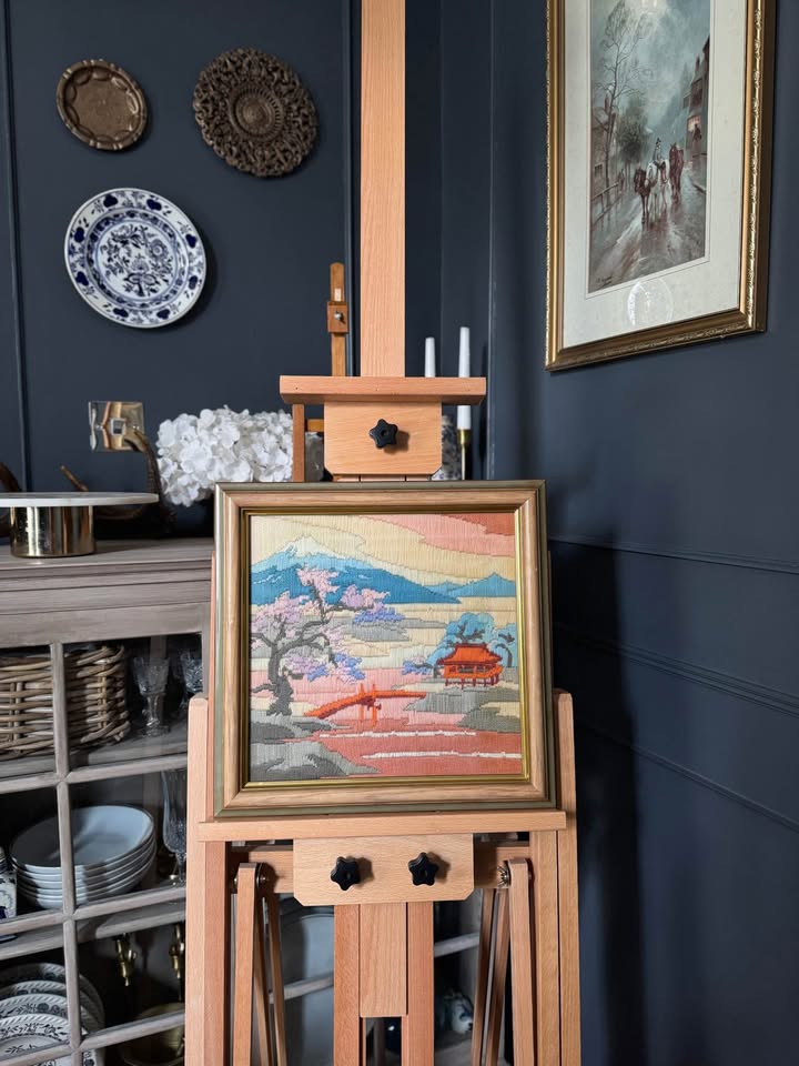 Vintage Heavy Embroidery “Mimosa” in Unique Wooden Frame