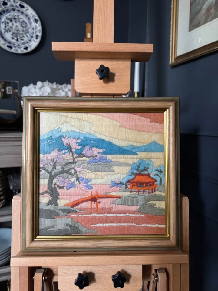 Vintage Heavy Embroidery “Mimosa” in Unique Wooden Frame