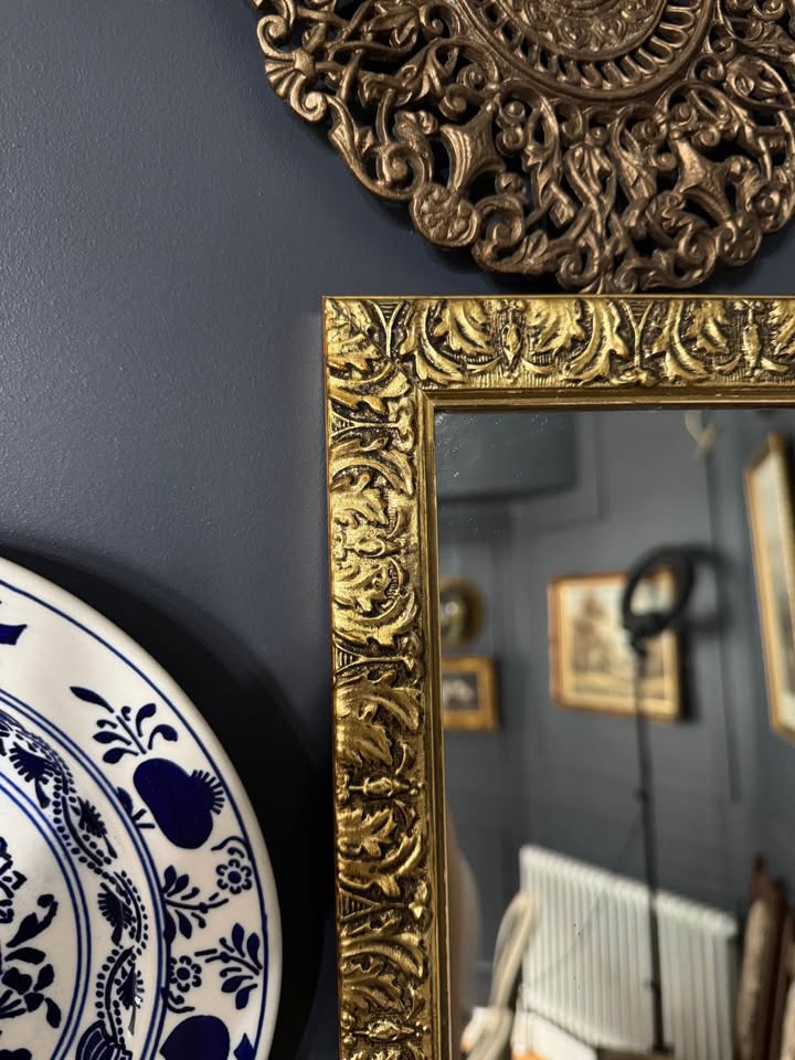 Vintage Gold Wooden Framed Small Mirror with Hanging Hook