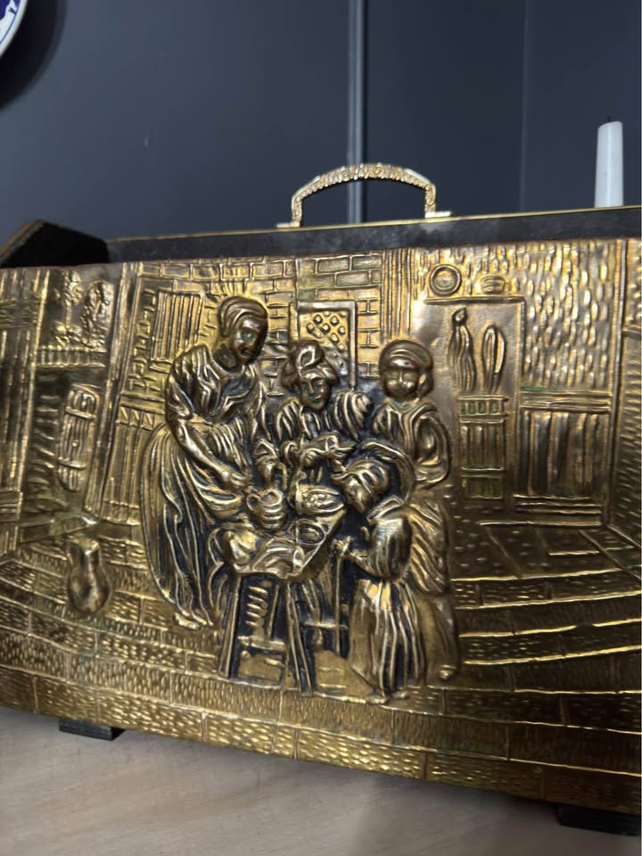 Vintage Lombard Brass Magazine Rack with Embossed Family Scene