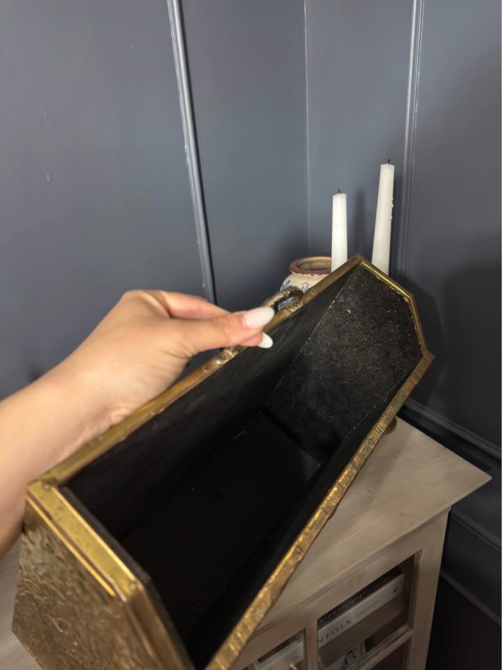 Vintage Lombard Brass Magazine Rack with Embossed Family Scene