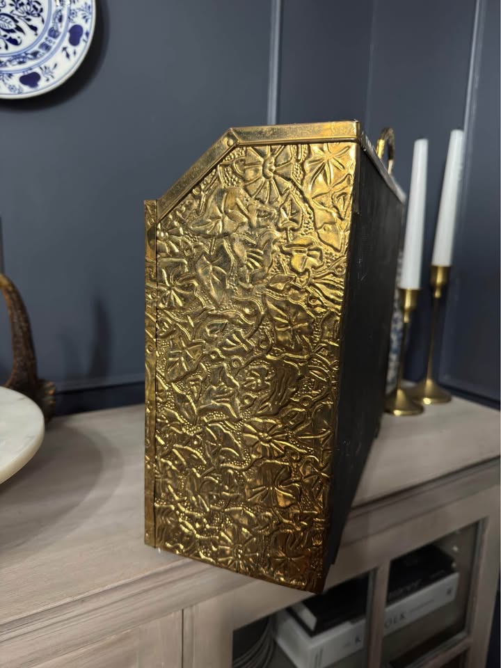 Vintage Lombard Brass Magazine Rack with Embossed Family Scene