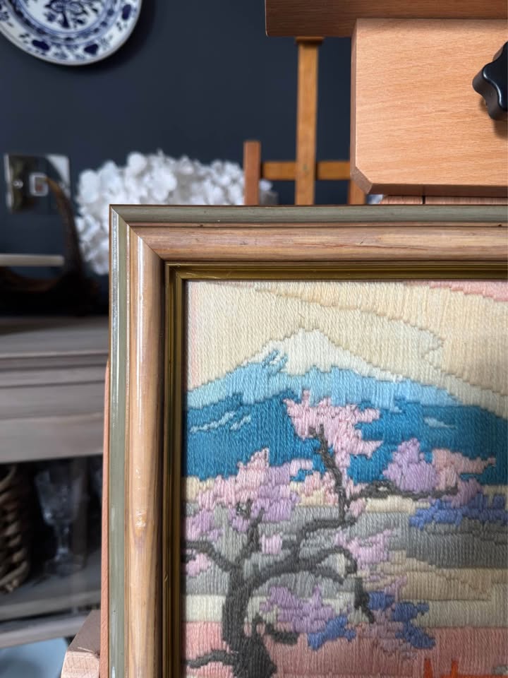 Vintage Heavy Embroidery “Mimosa” in Unique Wooden Frame