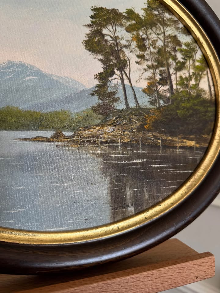 Vintage Original Signed Oil Painting by Tom Holland in Oval Wooden Frame