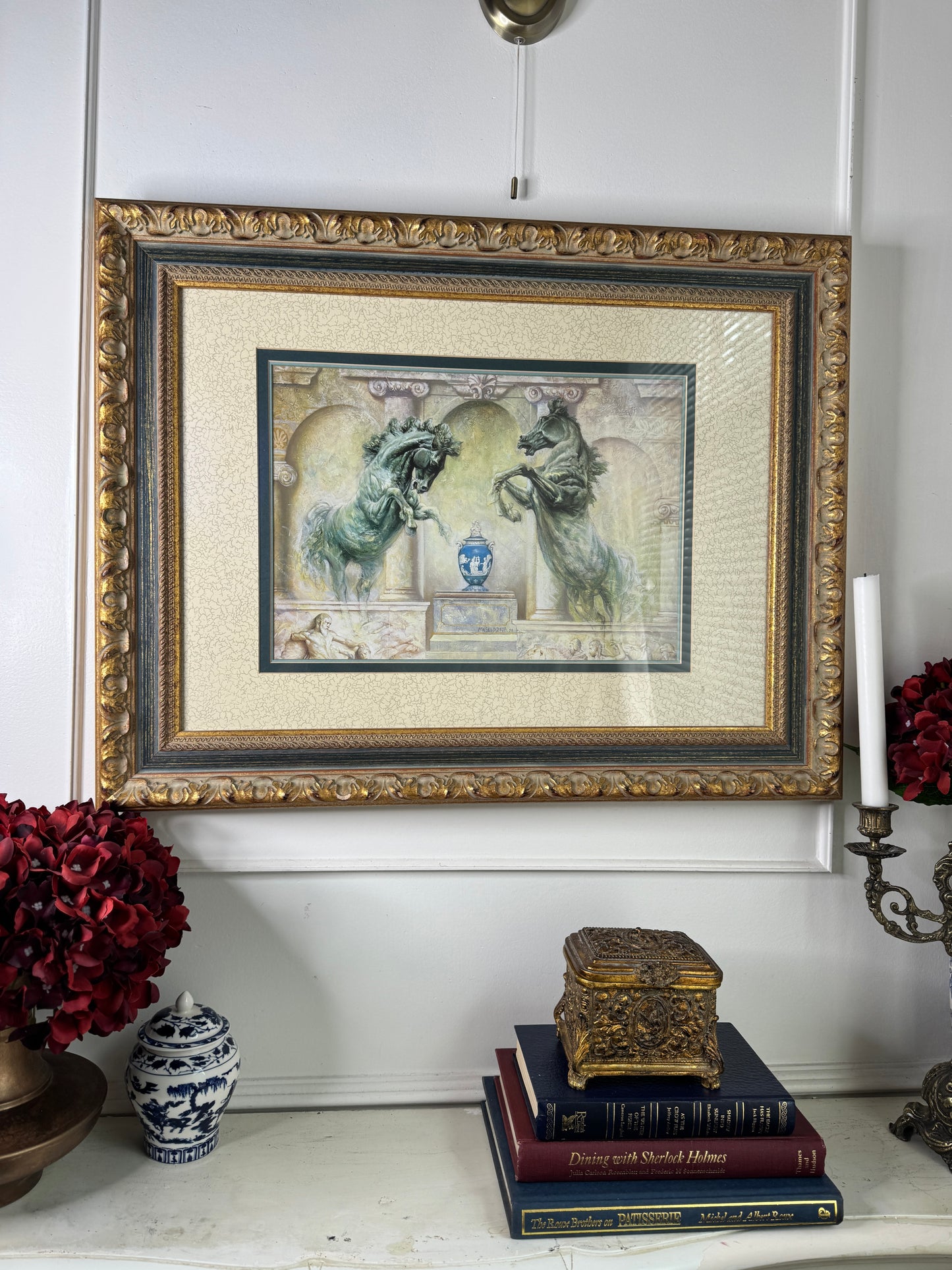 Vintage Large Gold Gilt Frame with Green Marble Effect & Classic Horse Print