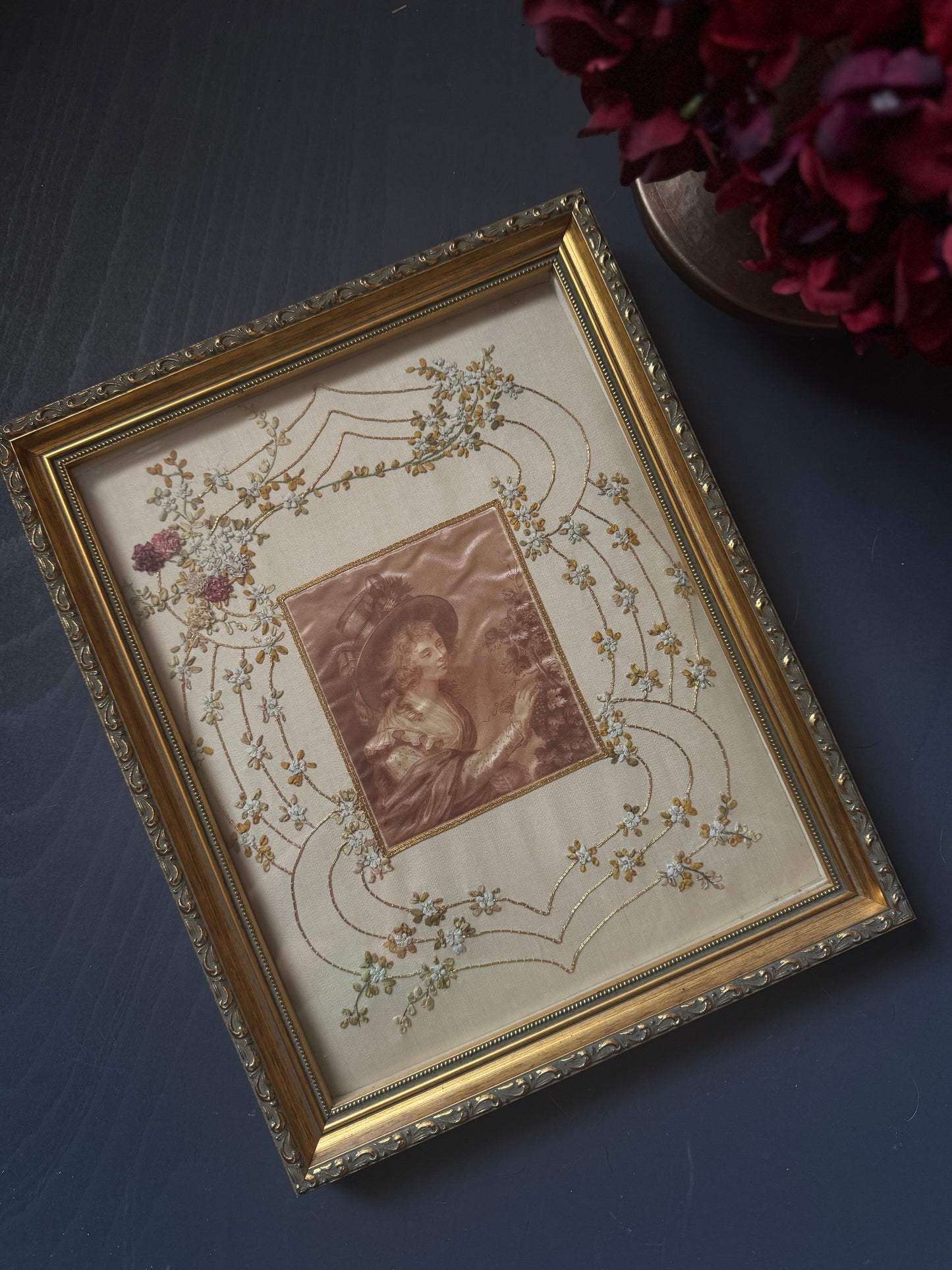 Antique Padded Silk-on-Silk Embroidery on Board in Ornate Gold Gilt Frame