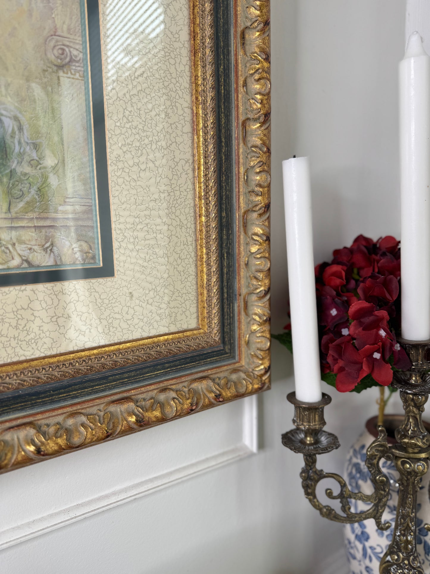 Vintage Large Gold Gilt Frame with Green Marble Effect & Classic Horse Print