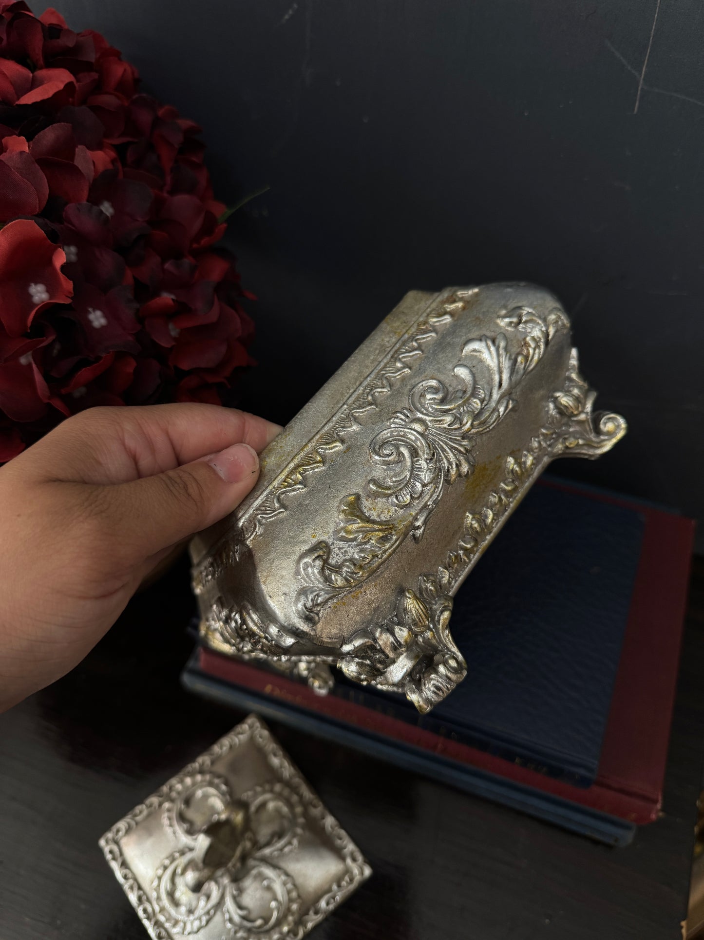 Vintage Silver Plated Wooden Ring and Storage Box for Keepsakes