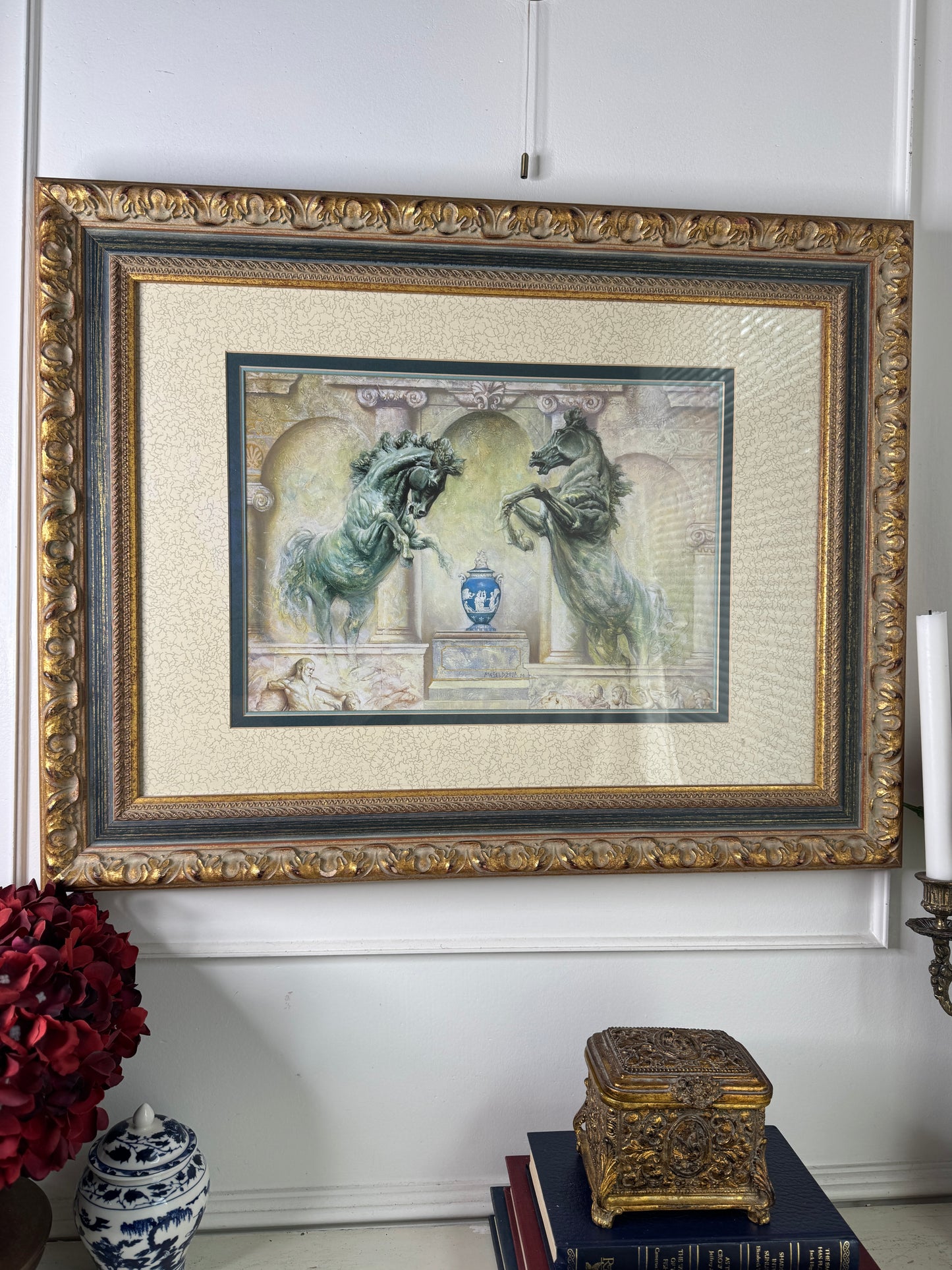 Vintage Large Gold Gilt Frame with Green Marble Effect & Classic Horse Print
