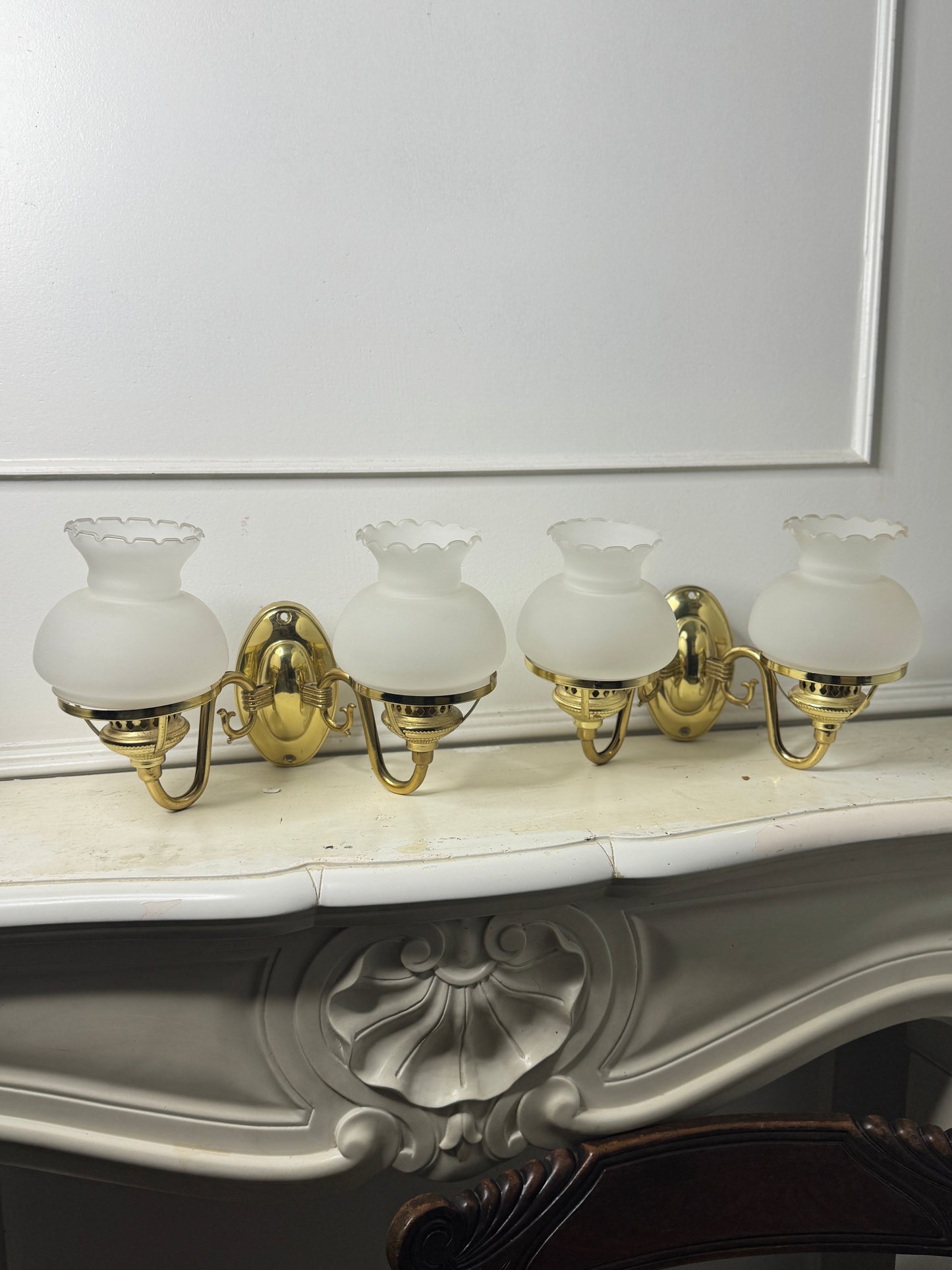 Vintage Satin Brass Chandelier with Matching Wall Lights – 5 Light Brass Ceiling Fixture & Pair of Brass Wall Sconces with Glass Shades