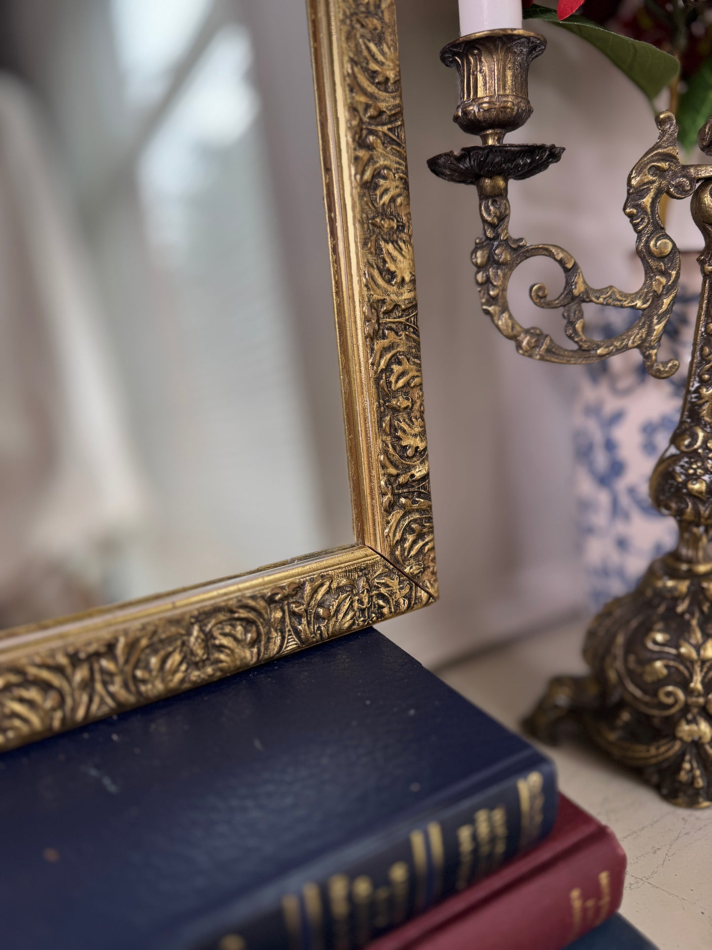 Vintage Gold Wooden Framed Small Mirror with Hanging Hook