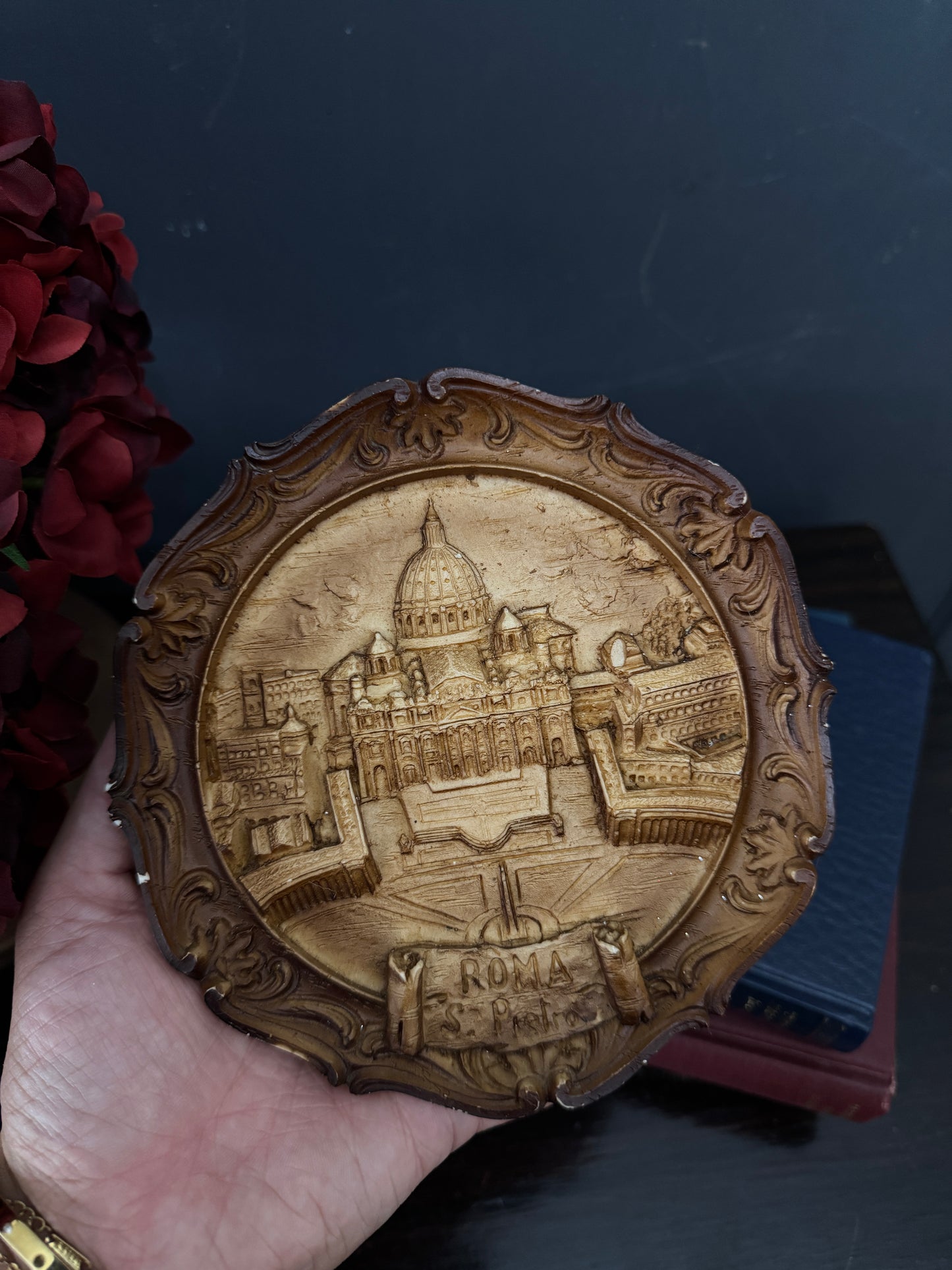 Vintage Small Round Hanging 3D Wood Carved Wall Art