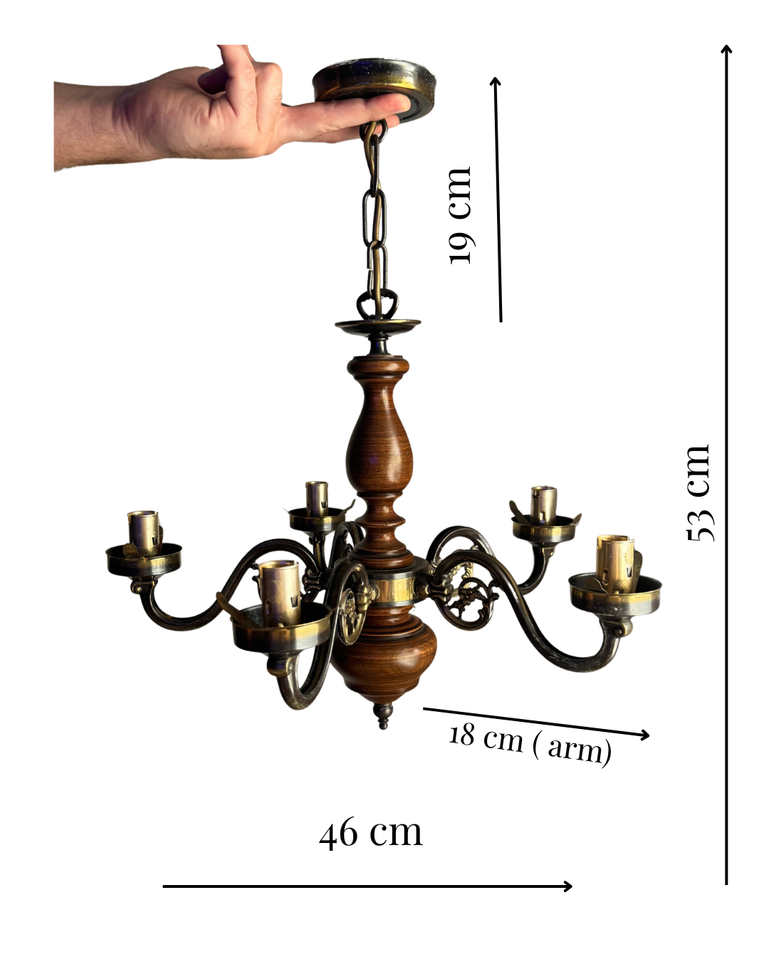 Vintage Rustic Wooden Farmhouse 5 Arm Chandelier, Matching Pair