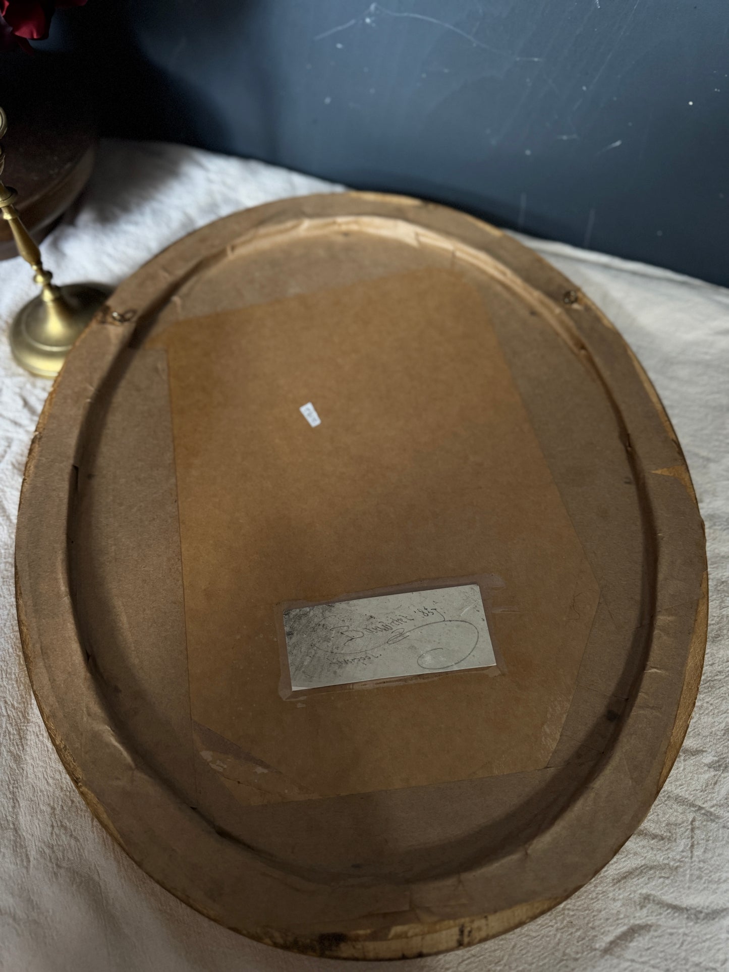 Victorian 1859 Engraving in Gold Oval Gilt Frame with Handwritten Note